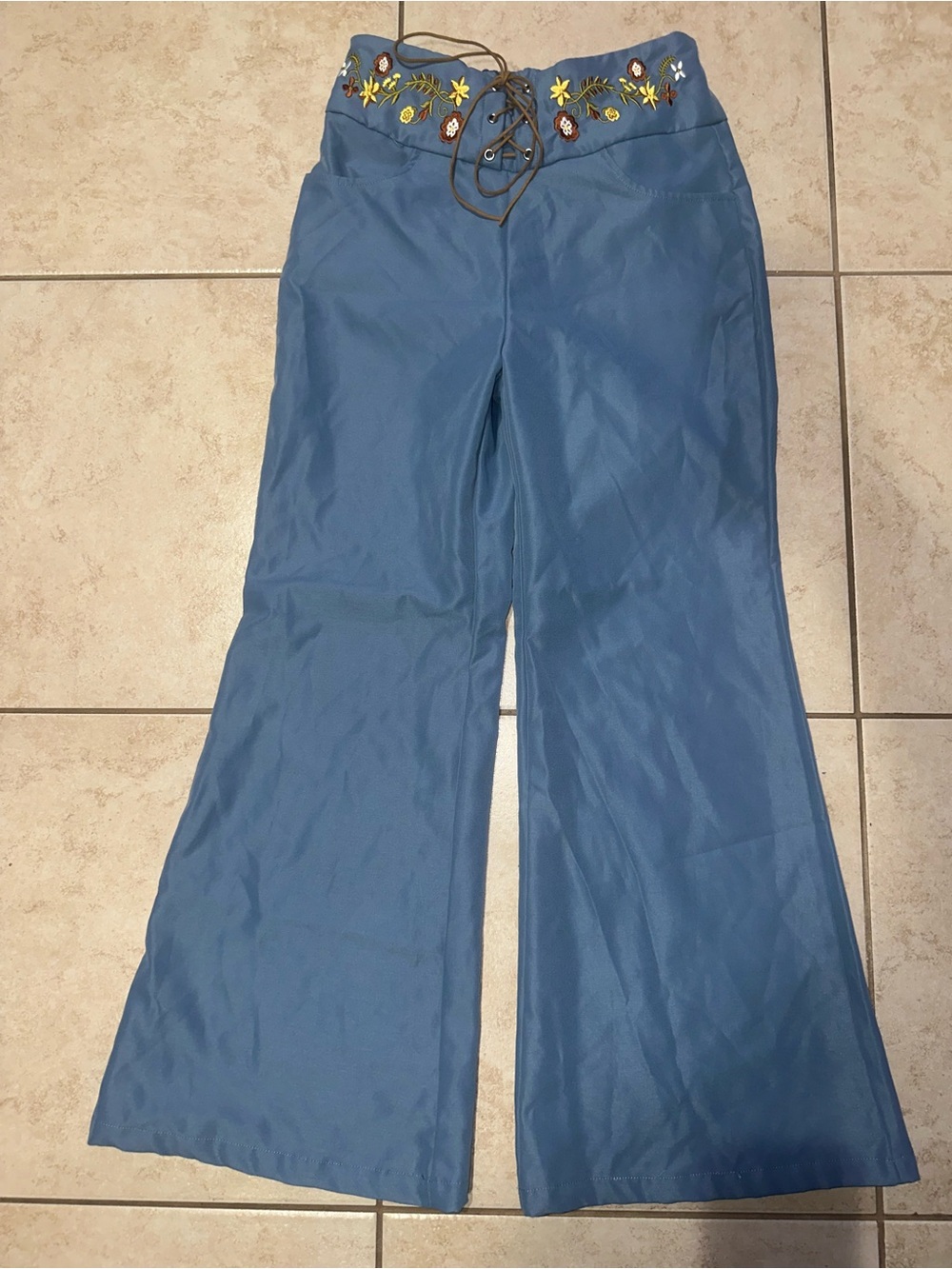 SHEIN MOD Lace Up Front Embroidered Flare Leg Pants Blue Size M US 6